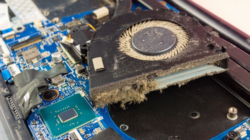 Dusty, clogged laptop fan. This causes overheating problems, noisy fan in laptops