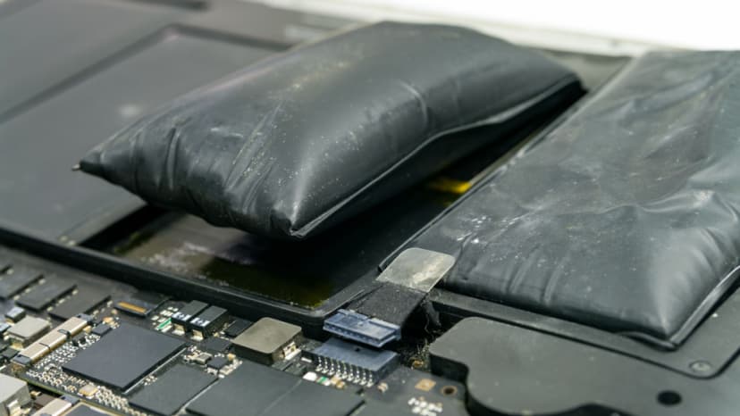 Apple laptop with a swollen battery Apple laptop with a swollen battery